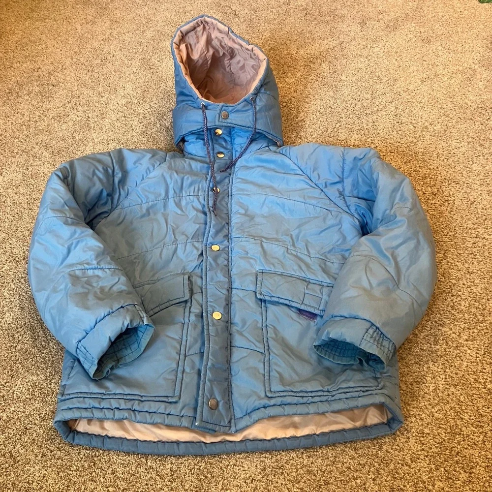 Vintage Custom Outerwear Kids Puffer Jacket Blue Quilted Hood Parka Size 8 Flaws